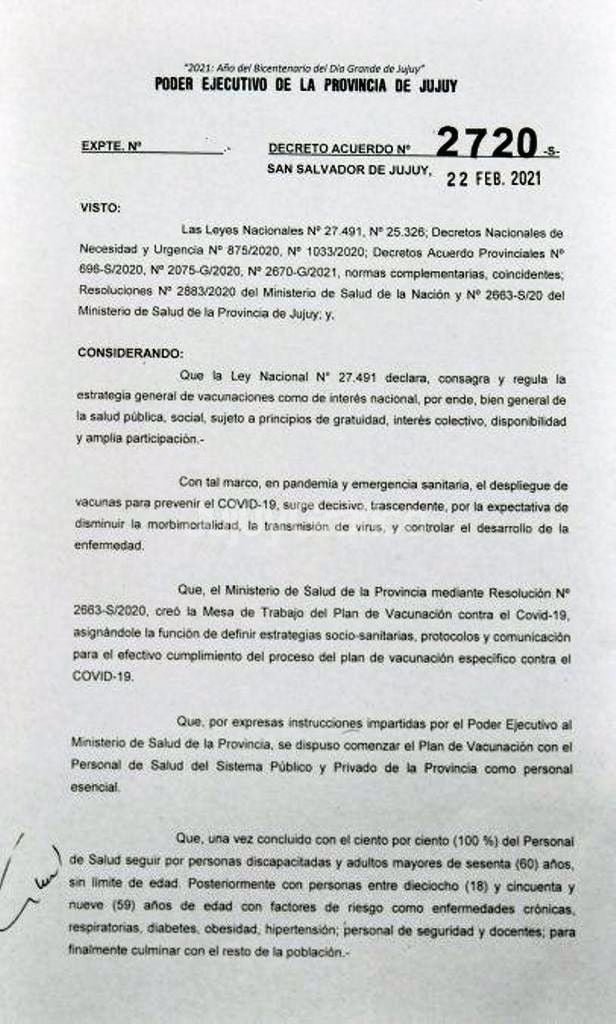 Morales: "Quiero que se publiquen las listas de personas vacunadas en Jujuy" 2 decreto 2720 2021 Jujuy Pag1