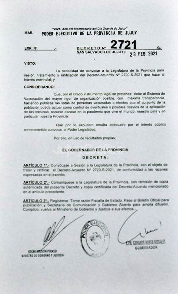 Morales: "Quiero que se publiquen las listas de personas vacunadas en Jujuy" 7 decreto 2721 2021 Jujuy Pag1