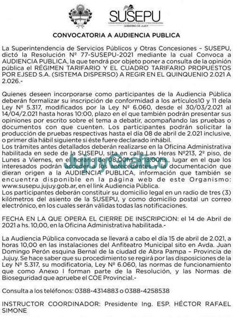 Llamado a Audiencia Pública por la tarifa de eléctrica 2 Comunicado Resolucion No 77 SUSEPU 2021