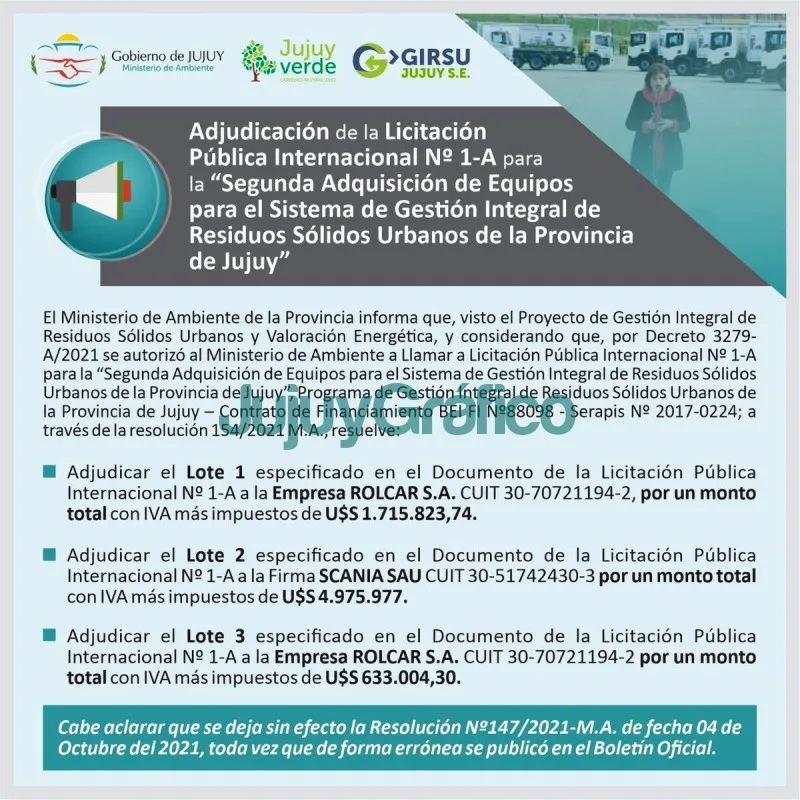 Adjudicacion de una Licitacion Publica Internacional para GIRSU