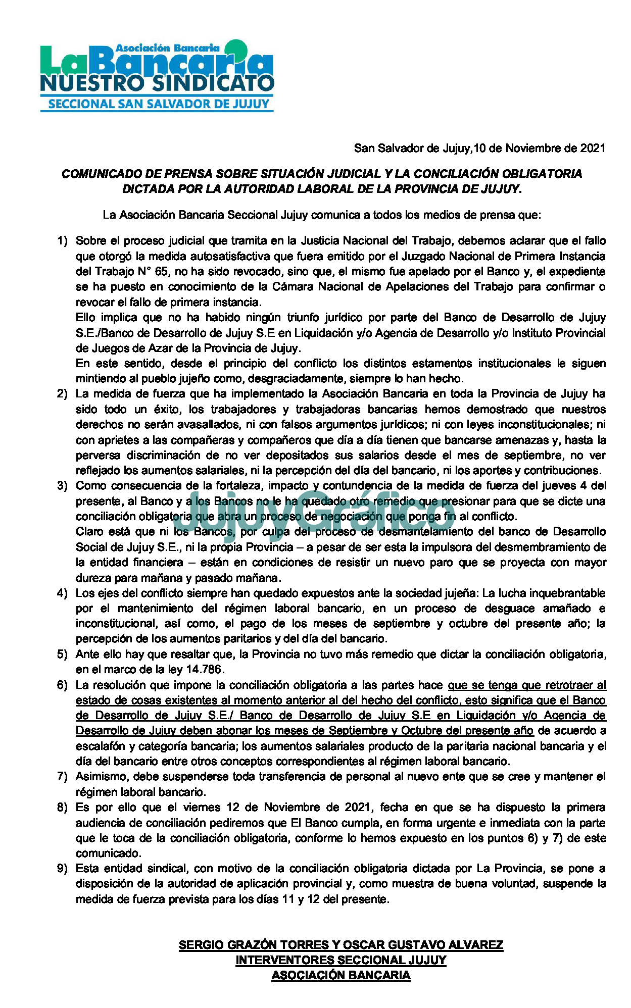 Trabajo convoca a los bancarios a una conciliación obligatoria 2 COMUNICADO DE PRENSA LA BANCARIA JUJUY 10 11 21