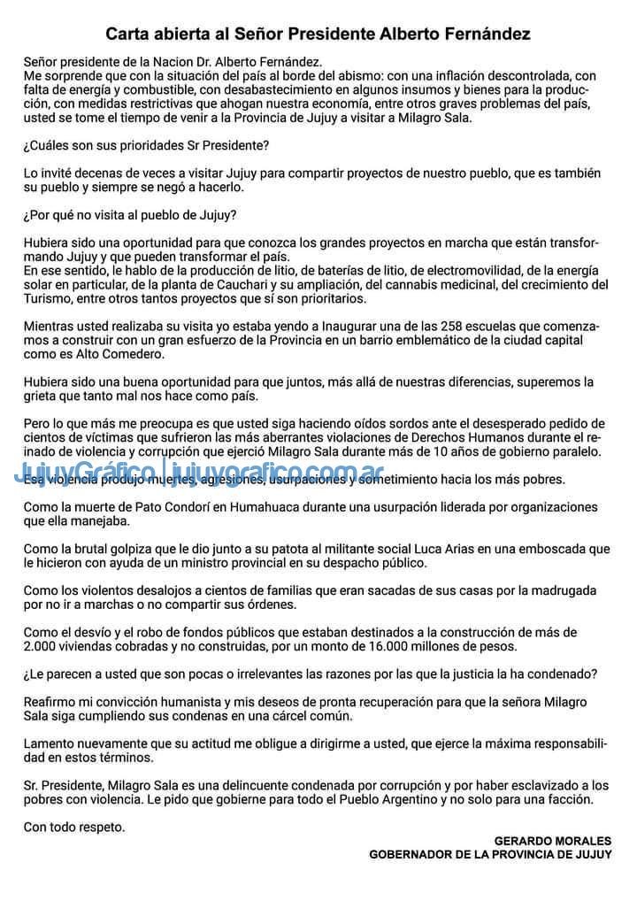 Morales: "Exijo respeto a todo el pueblo y a Jujuy como provincia argentina" 2 Carta Abierta de Gerardo Morales a Alberto Fernandez