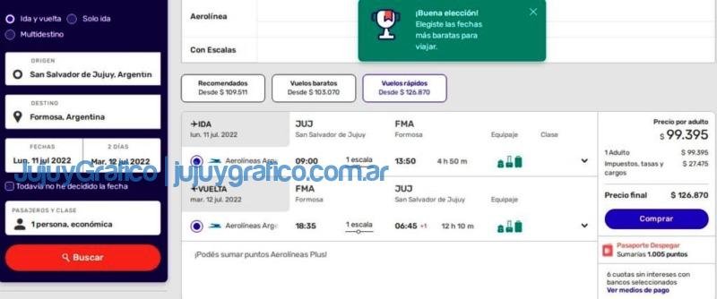 Valor vuelo Jujuy Formosa por Aerolineas Argentinas