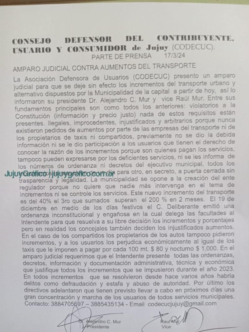 CODECUC presentó amparo judicial contra aumentos de colectivos, taxis y compartidos 1 CODECUC presentó amparo judicial contra aumentos de colectivos, taxis y compartidos 1
