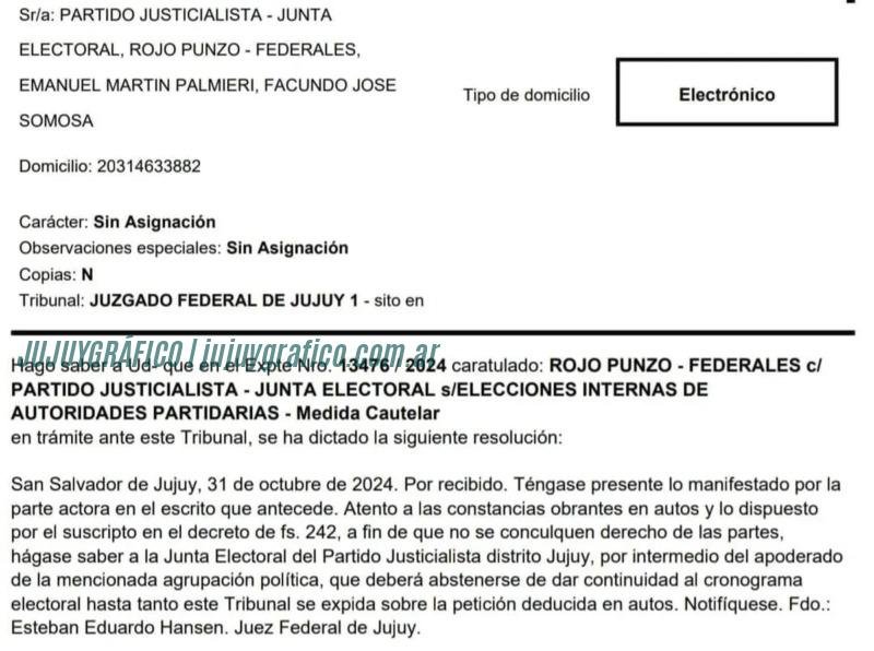 Suspensión del cronograma electoral del Partido Justicialista en Jujuy 1 Suspensión del cronograma electoral del Partido Justicialista en Jujuy 1