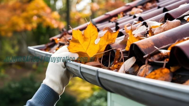 A skilled worker diligently cleaning the roof gutter, filled with a cascade of golden autumn leaves.