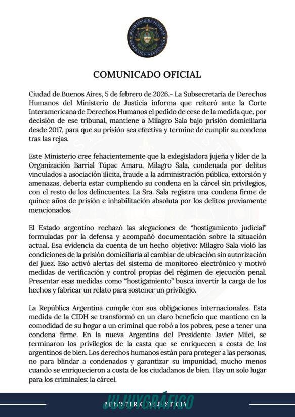 Gobierno reclama ante la CIDH el traslado de Milagro Sala a cárcel común por violación del arresto domiciliario 2 Gobierno reclama ante la CIDH el traslado de Milagro Sala a cárcel común por violación del arresto domiciliario 2