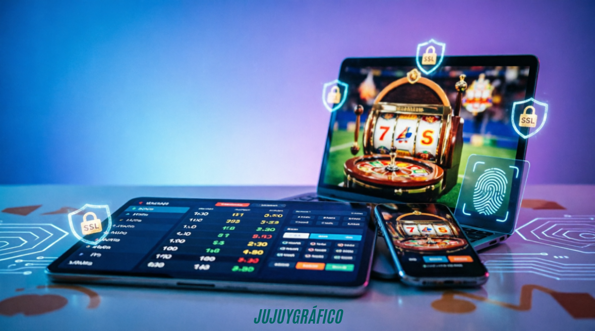 A360.bet en Colombia: ¿es la mejor opción en 2026? Portada panorámica realista de la plataforma de apuestas A360.bet para Colombia en 2026, mostrando interfaces móviles y de escritorio con apuestas deportivas y casino, rodeadas de hologramas de seguridad digital, candados SSL y verificación biométrica, transmitiendo confianza, tecnología avanzada
