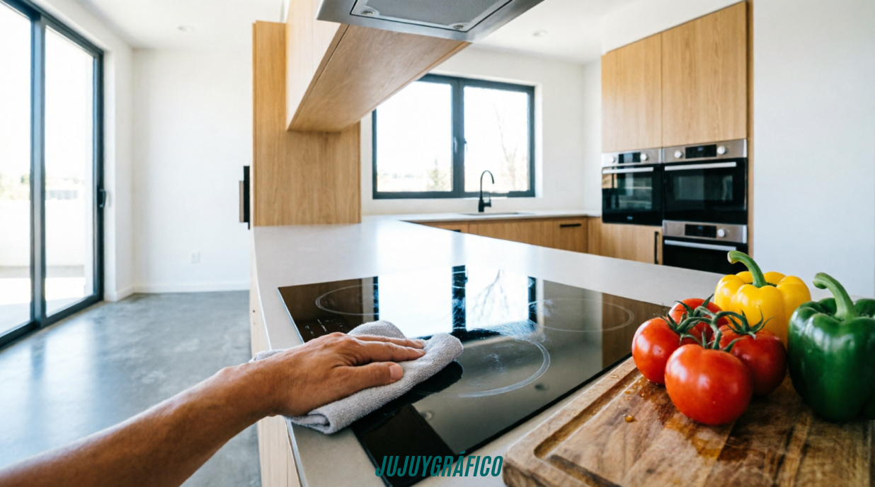 Cocinas eléctricas eficientes para hogares en Jujuy: Ahorra energía y dinero 2 Imagen realista que muestra la fácil limpieza de una vitrocerámica eléctrica, con una mano pasando un paño por la superficie de vidrio liso mientras vegetales frescos descansan en la mesada, destacando el bajo mantenimiento. Cocinas eléctricas eficientes para hogares en Jujuy: Ahorra energía y dinero 2