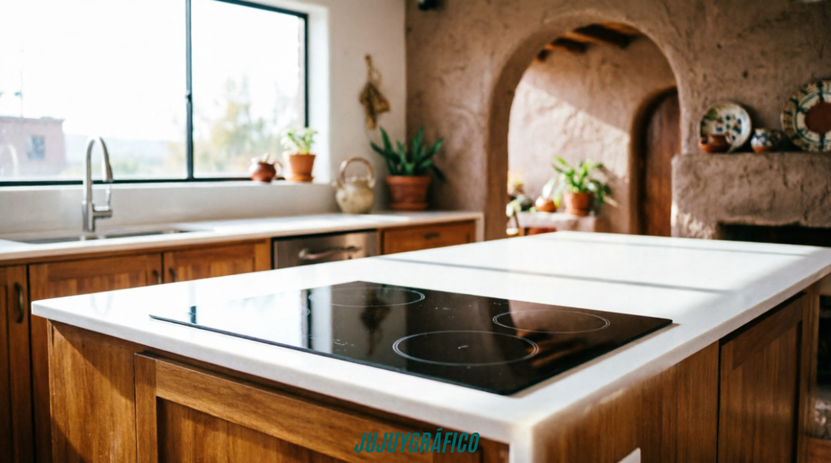 Cocinas eléctricas eficientes para hogares en Jujuy: Ahorra energía y dinero 7 Portada panorámica realista de una cocina moderna en San Salvador de Jujuy, destacando una cocina eléctrica eficiente de vidrio negro integrada en una encimera blanca con detalles en madera y luz natural. Cocinas eléctricas eficientes para hogares en Jujuy: Ahorra energía y dinero 3