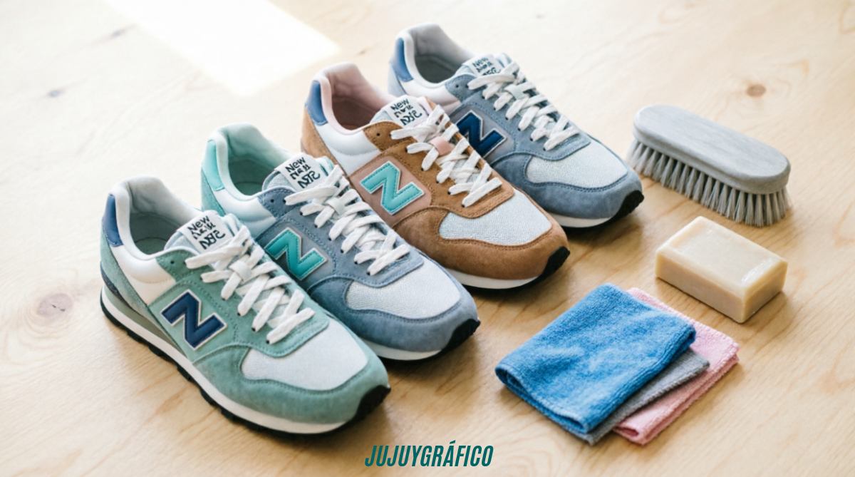 Cómo cuidar tus zapatillas y mantenerlas nuevas por mucho más tiempo 1 Imagen: Composición editorial flat-lay con varios pares de zapatillas bien cuidadas (incluyendo estilo New Balance), acompañadas de cepillos, jabón neutro y paños de microfibra. Iluminación natural y estética limpia