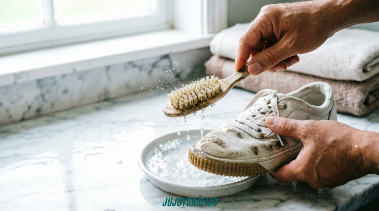 Cómo cuidar tus zapatillas y mantenerlas nuevas por mucho más tiempo 2Imagen: scena documental de manos limpiando suavemente una zapatilla blanca con cepillo de dientes y agua jabonosa. Enfoca la técnica correcta de limpieza profunda en suela y laterales.