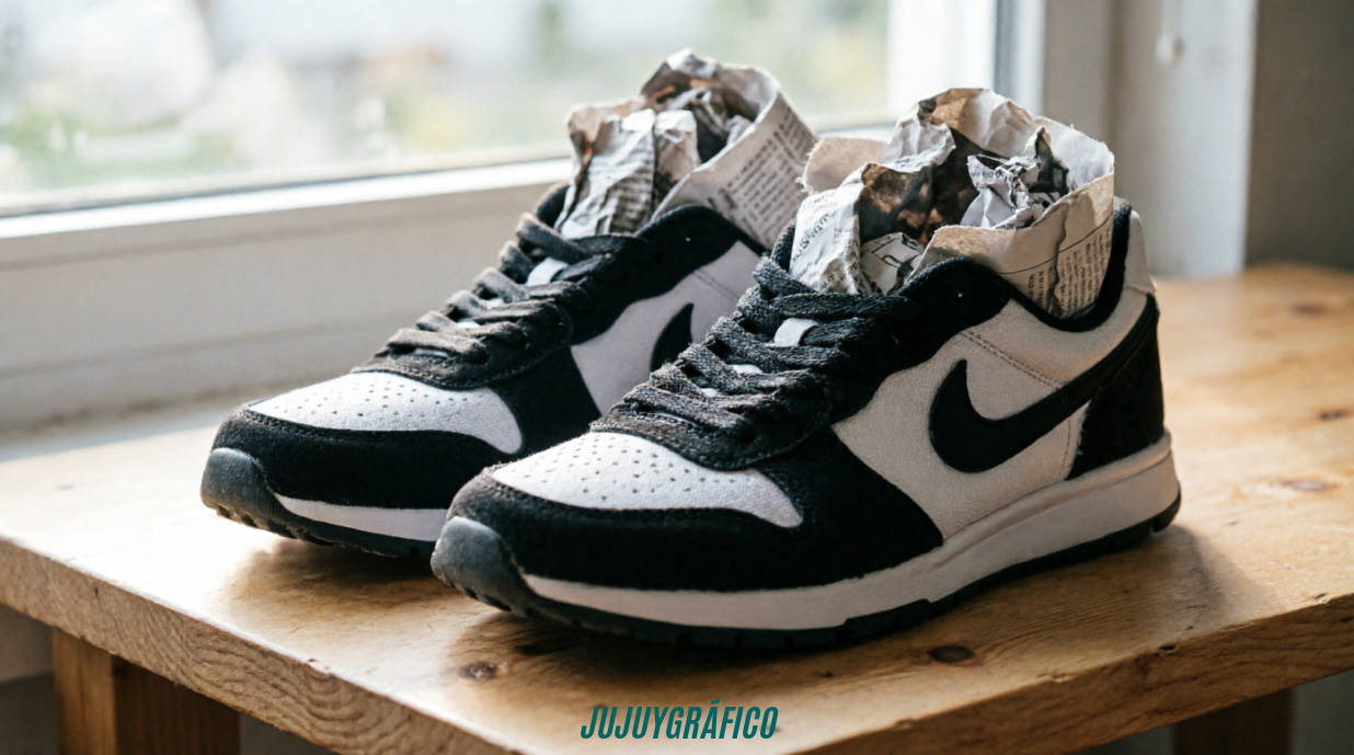 Cómo cuidar tus zapatillas y mantenerlas nuevas por mucho más tiempo 3Imagen: Zapatillas secándose en zona sombreada y ventilada, rellenas con papel de diario para mantener su forma. Ilustra visualmente la importancia del secado correcto sin calor directo