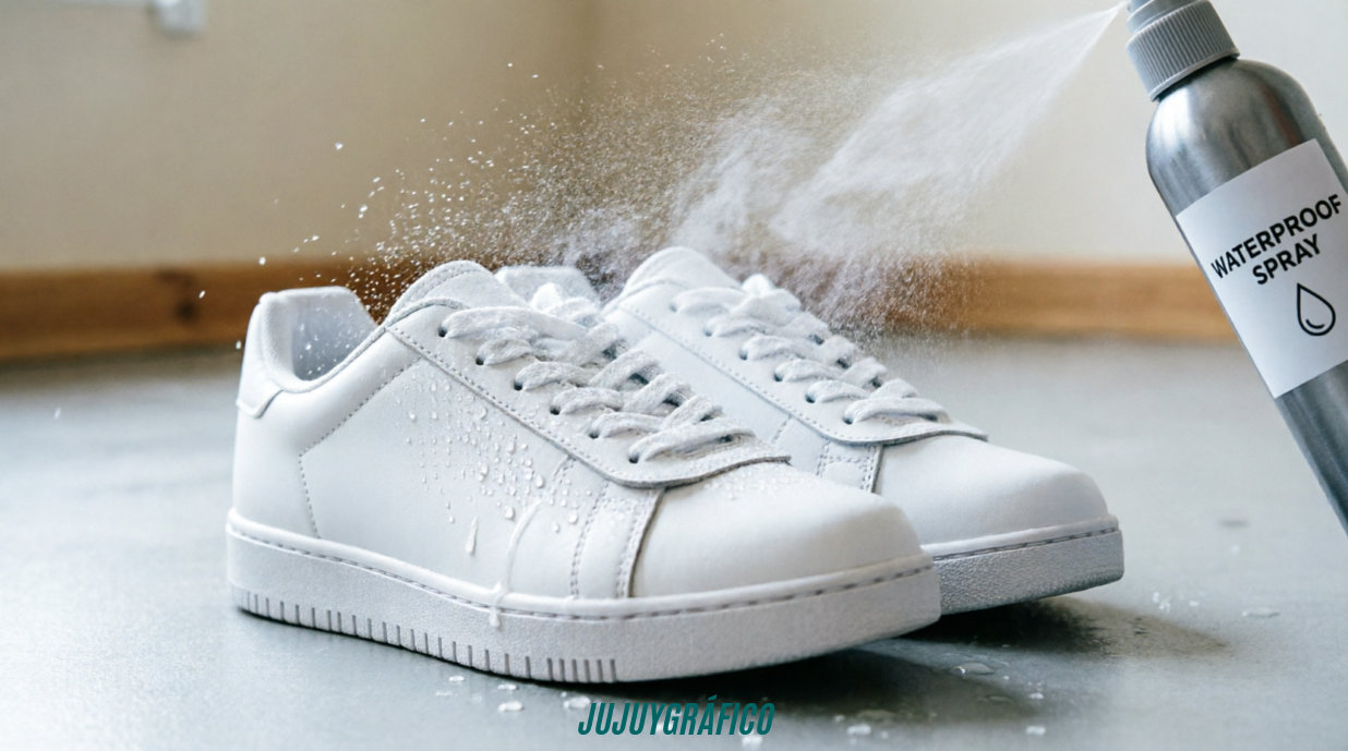 Cómo cuidar tus zapatillas y mantenerlas nuevas por mucho más tiempo 4Imagen: Acción dinámica de aplicación de spray impermeabilizante, mostrando la neblina protectora sobre una zapatilla nueva. Ideal para destacar el paso que "casi nadie da".
