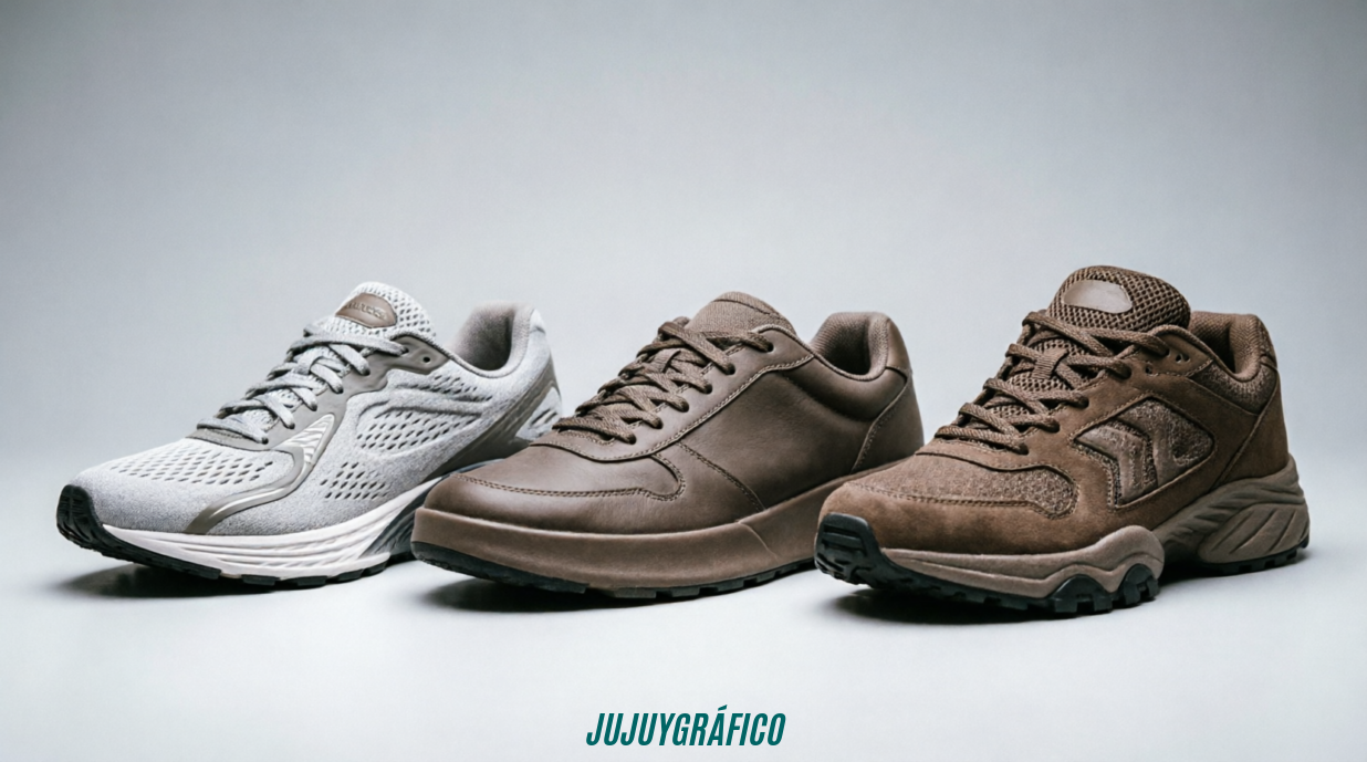 Cómo cuidar tus zapatillas y mantenerlas nuevas por mucho más tiempo 5Imagen: Tres pares de zapatillas especializadas (running, casuales, entrenamiento) dispuestos en fila. Visualiza el concepto de rotación y uso adecuado según actividad.