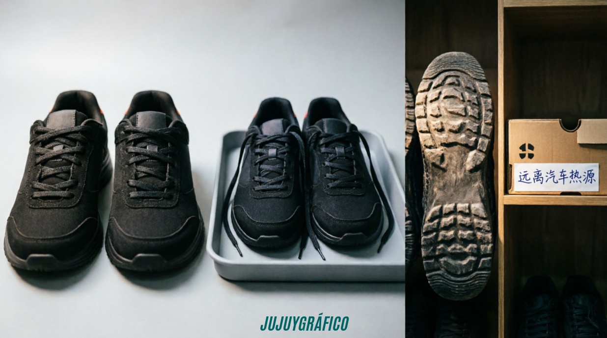 Cómo cuidar tus zapatillas y mantenerlas nuevas por mucho más tiempo 6Imagen: Composición integrada con primeros planos de cordones bien atados, limpieza separada de cordones, inspección de suela y almacenamiento lejos del calor. Resume los hábitos simples con gran impacto.