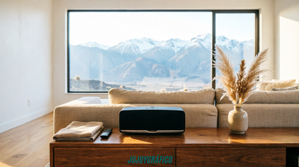 imagen 1 (Portada): Parlante Bluetooth moderno sobre mueble de madera en sala de estar iluminada con vista a las montañas de Jujuy, ilustrando la guía para elegir el parlante adecuado para el hogar. Cómo elegir el parlante perfecto para tu hogar en Jujuy 1