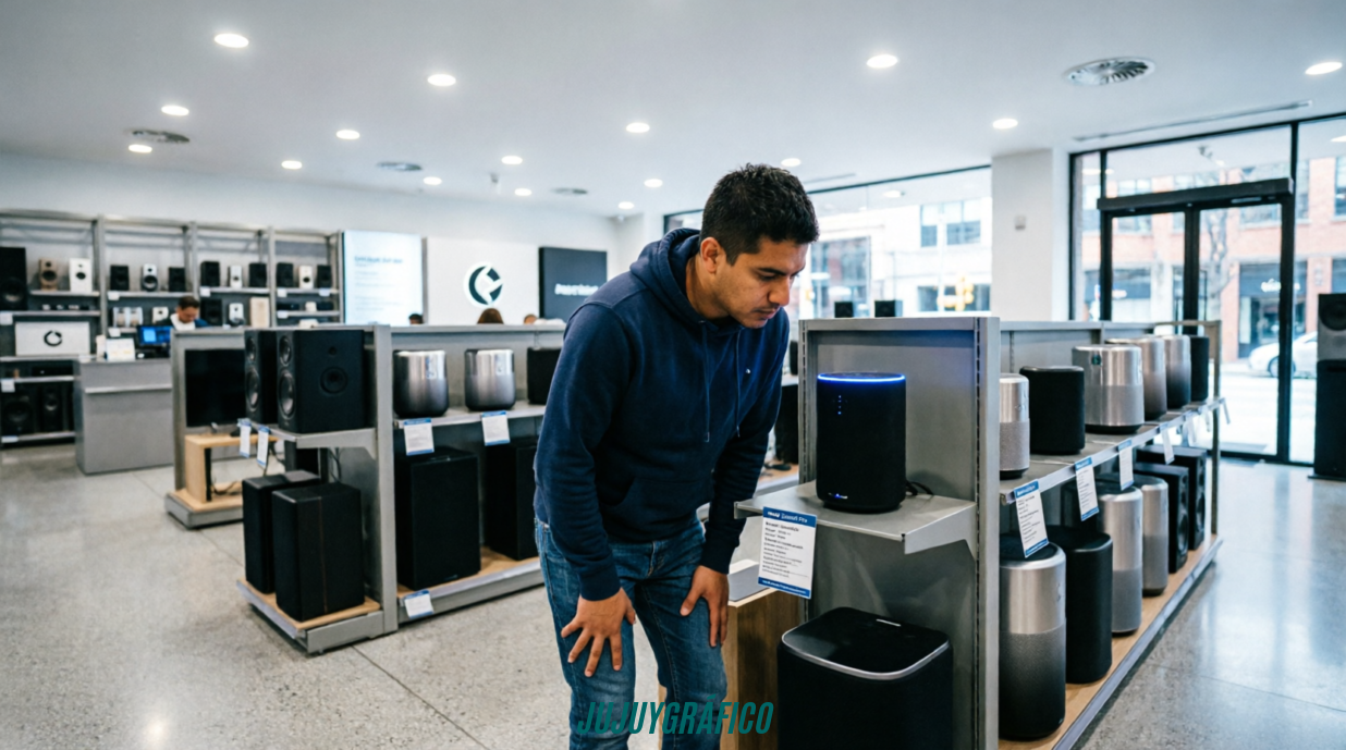 Cómo elegir el parlante perfecto para tu hogar en Jujuy 3 imagen 3 (Secundaria 2): Cliente examinando opciones de parlantes en tienda de electrónica de San Salvador de Jujuy, comparando potencia, calidad de sonido y presupuesto antes de realizar la compra. Cómo elegir el parlante perfecto para tu hogar en Jujuy 3