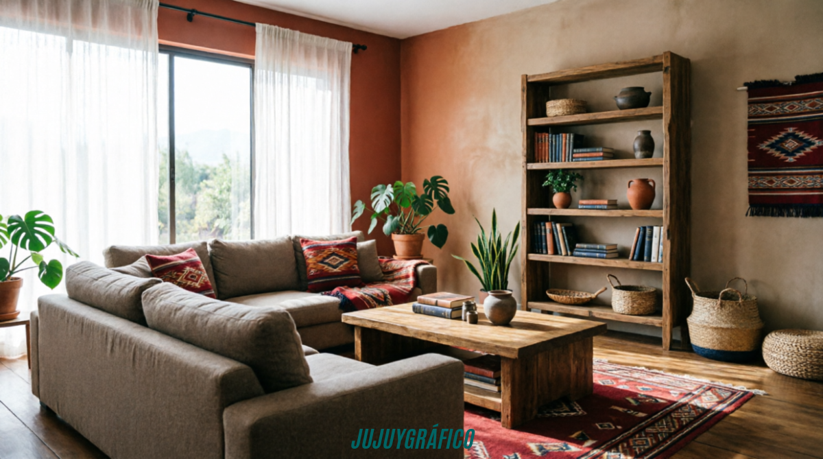 Cómo elegir muebles duraderos y funcionales para tu hogar en Jujuy 1 Imagen 1 (Portada): Sala de estar en hogar jujeño con muebles de madera maciza funcionales y duraderos, sofá con tapizado resistente en tonos tierra, mesa de centro con almacenamiento oculto, estantería alta con libros y decoración, iluminación natural por ventanas amplias, textiles andinos como acentos, diseño rústico-moderno que refleja estilo personal y adaptación al clima regional de Jujuy.