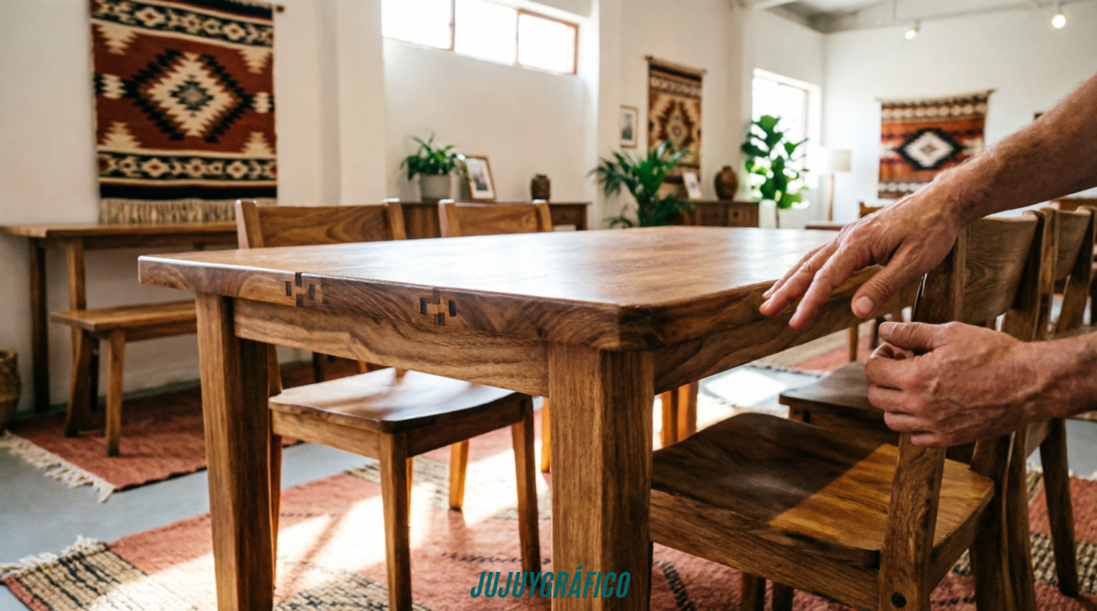 Cómo elegir muebles duraderos y funcionales para tu hogar en Jujuy 3 Cómo elegir muebles duraderos y funcionales para tu hogar en Jujuy 3 Imagen 3 (Secundaria 2): Manos de persona examinando detalles de artesanía en mesa de comedor de madera maciza con sillas a juego en showroom luminoso de Jujuy, verificando vetas de madera, uniones y acabado de calidad, estilo decorativo rústico-moderno que combina elementos andinos tradicionales con diseño contemporáneo, iluminación natural cálida que resalta texturas de materiales, representando proceso consciente de selección de muebles para el hogar.