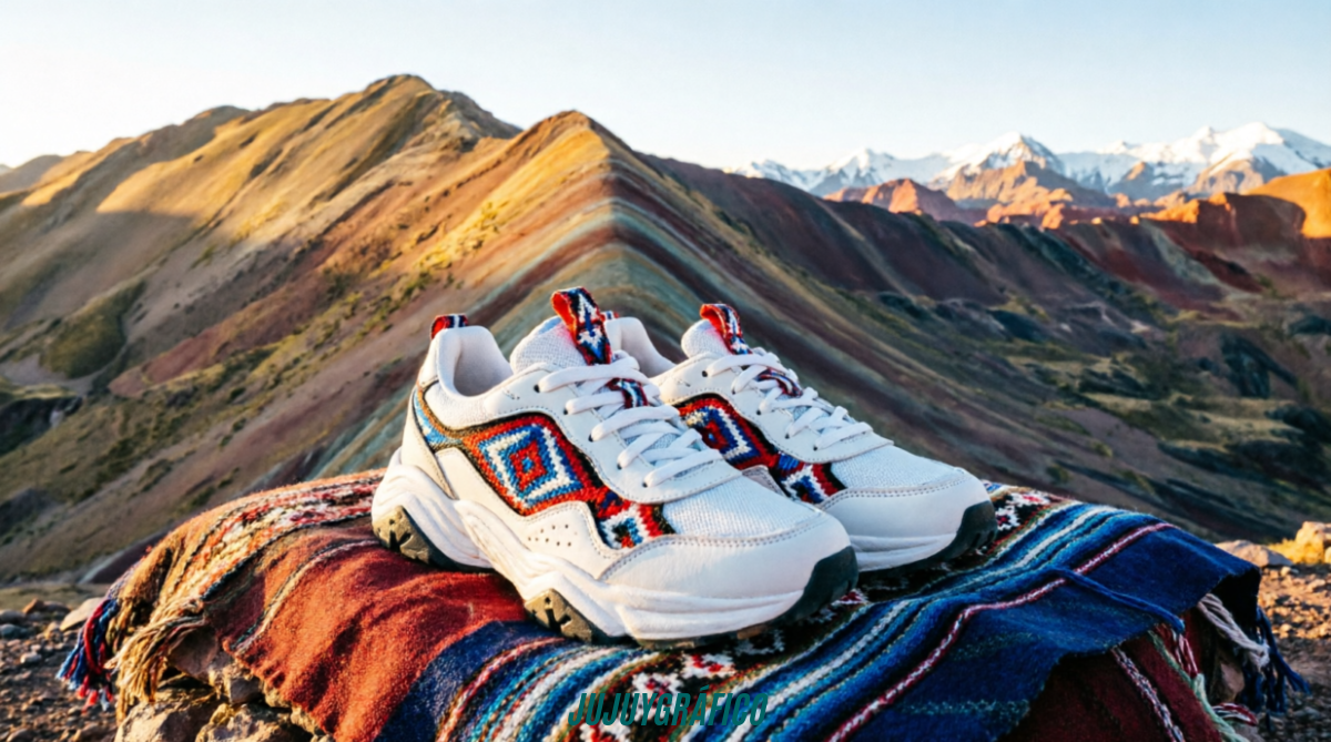 Cómo las zapatillas reflejan la identidad cultural de Jujuy 5 IMAGEN 1 (PORTADA): Zapatillas deportivas blancas con patrones geométricos indígenas en colores rojo, azul y negro sobre textil tradicional jujeño, con el Cerro de los Siete Colores de Purmamarca iluminado al atardecer en el fondo, representando la fusión entre la cultura ancestral de Jujuy y la moda contemporánea. Cómo las zapatillas reflejan la identidad cultural de Jujuy 1