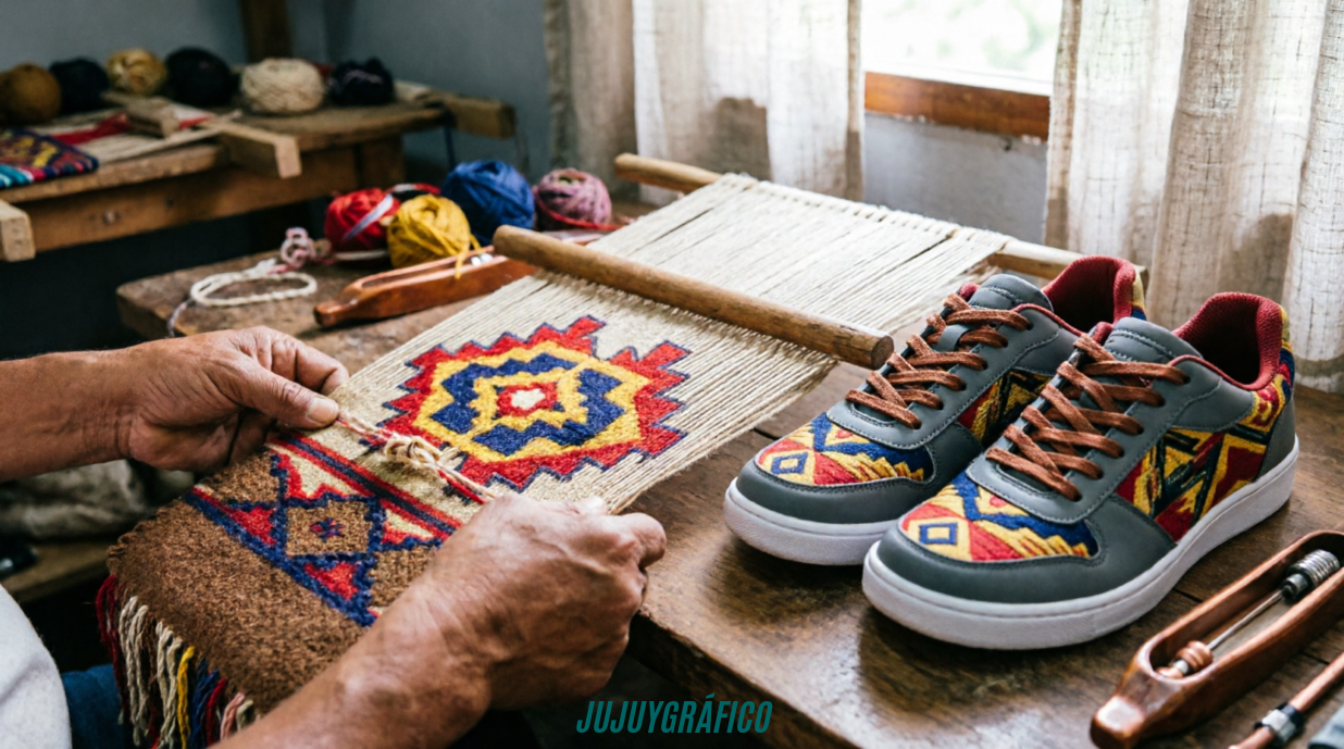 IMAGEN 2 (SECUNDARIA - TRADICIÓN TEXTIL): Manos de artesano tejiendo en telar tradicional patrones geométricos andinos multicolores junto a zapatillas modernas con diseños inspirados en textiles originarios de Jujuy, taller artesanal con luz natural, simbolizando la conexión entre la tradición textil ancestral y el calzado contemporáne Cómo las zapatillas reflejan la identidad cultural de Jujuy 2