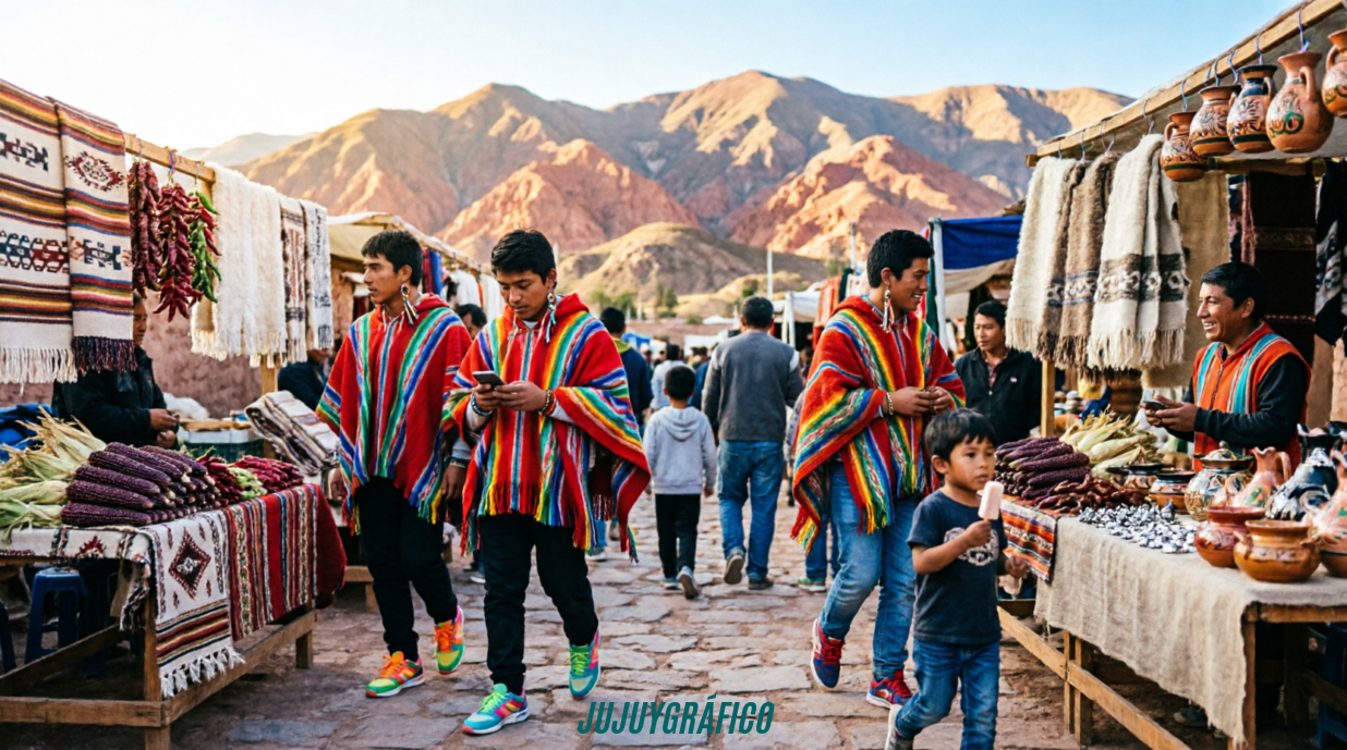 IMAGEN 3 (SECUNDARIA - VIDA COTIDIANA): Jóvenes jujeños vistiendo ponchos tradicionales multicolores y zapatillas deportivas caminando por un mercado artesanal en Tilcara con montañas de fondo, puestos con textiles y cerámicas tradicionales a los costados, capturando la identidad cultural de Jujuy en la vida diaria donde tradición y modernidad se encuentran. Cómo las zapatillas reflejan la identidad cultural de Jujuy 3