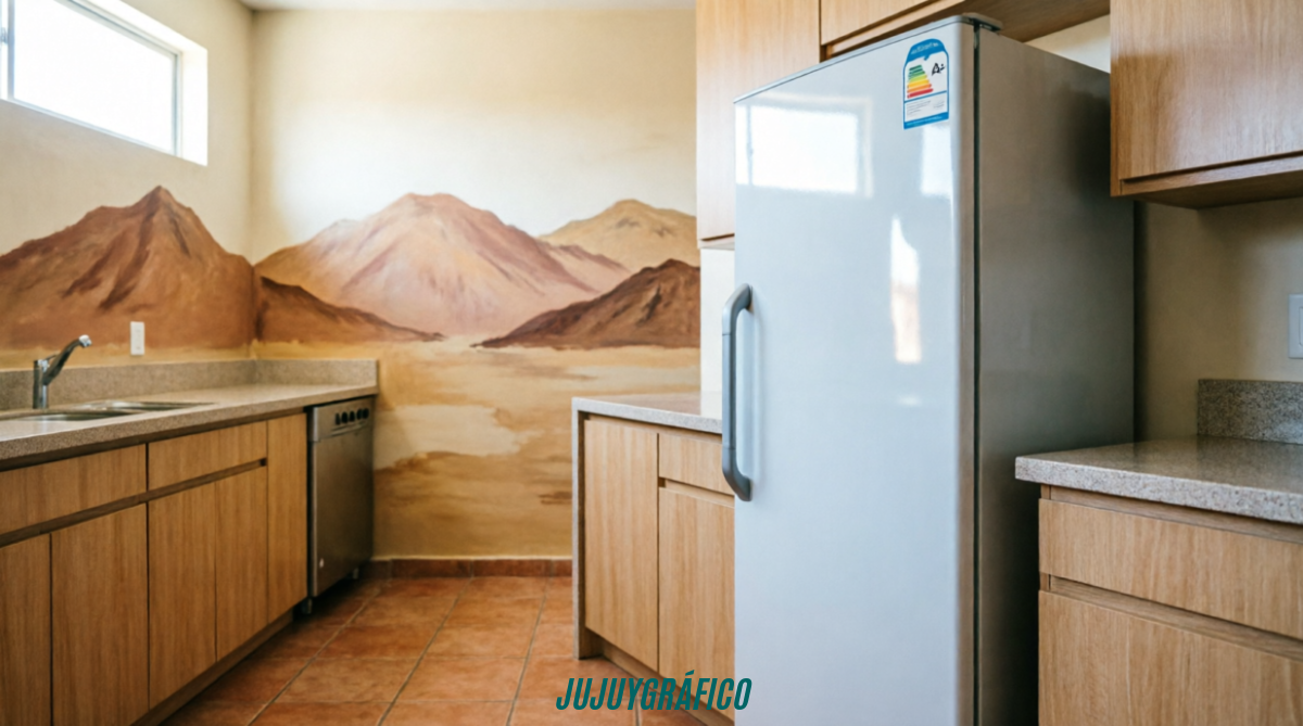 Congeladoras eficientes: La solución inteligente para los hogares jujeños 1 Congelador eficiente moderno con etiqueta energética A+ en cocina jujeña con mural de montañas andinas. Congeladores eficientes: La solución inteligente para los hogares jujeños 1