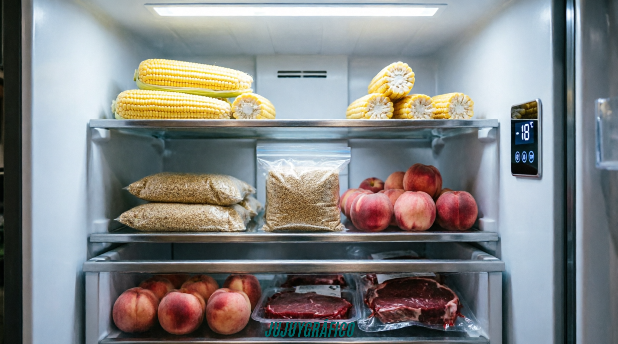 Congeladores eficientes: La solución inteligente para los hogares jujeños 2 Interior de freezer con deshielo automático mostrando maíz, quinoa, duraznos y carnes a -18 grados. Congeladores eficientes: La solución inteligente para los hogares jujeños 2