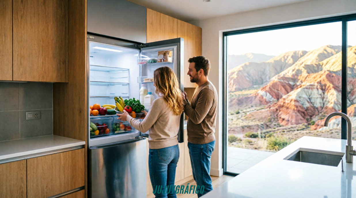 Congeladores eficientes: La solución inteligente para los hogares jujeños 3 Pareja cargando alimentos en heladera inverter en hogar jujeño con vista a la Quebrada de Humahuaca. Congeladores eficientes: La solución inteligente para los hogares jujeños 3