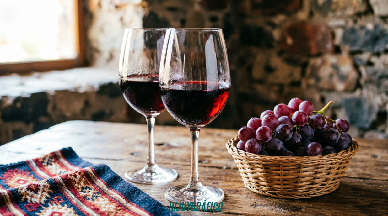 Copas de vino Malbec de Jujuy sobre mesa de madera rústica con uvas frescas y textiles andinos, en el interior de una bodega artesanal de piedra en la Quebrada de HumahuacaDe la Quebrada a los valles: la increíble historia de las bodegas que desafían la altura en Jujuy 1