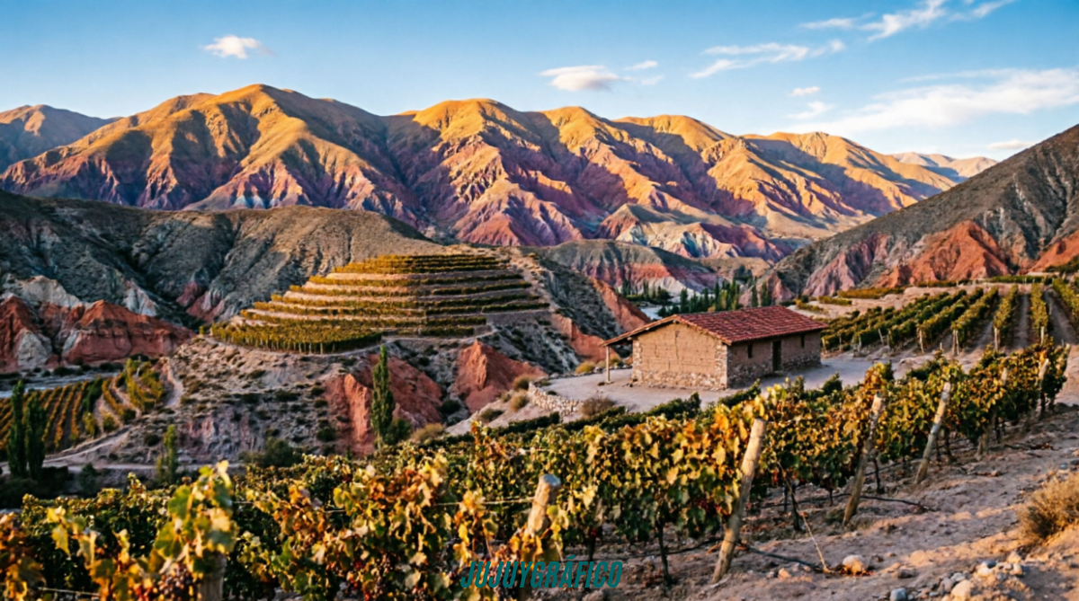 De la Quebrada a los valles: la increíble historia de las bodegas que desafían la altura en Jujuy 2 Viñedos en terrazas a más de 3000 metros de altura en la Quebrada de Humahuaca, Jujuy, con montañas multicolores al atardecer y paisaje andino desértico donde se producen vinos de extrema altura De la Quebrada a los valles: la increíble historia de las bodegas que desafían la altura en Jujuy 2