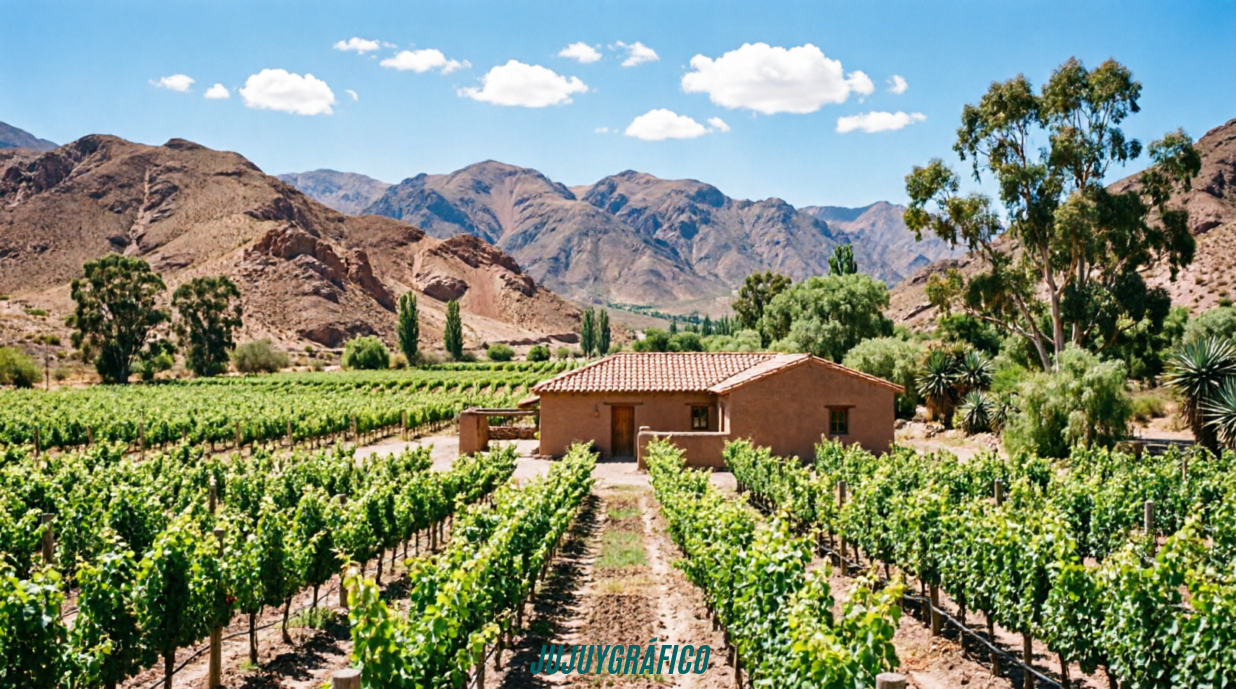 Paisaje de los valles templados del sur de Jujuy con filas de viñedos jóvenes, bodega de arquitectura de adobe y montañas al fondo bajo cielo azul, representando la vitivinicultura en zonas de menor altura De la Quebrada a los valles: la increíble historia de las bodegas que desafían la altura en Jujuy 3