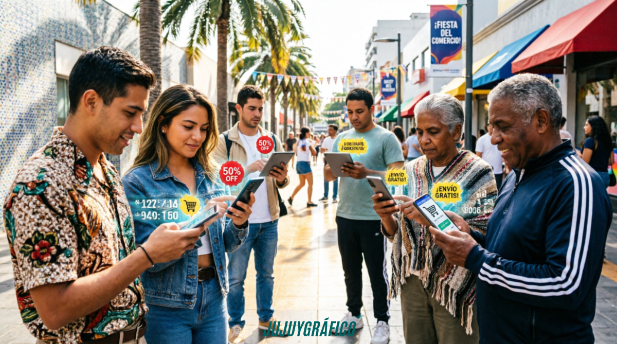 Grandes eventos online: El impacto del e-commerce en la región latinoamericana 1 Grandes eventos online, El impacto del e commerce en la región latinoamericana 1 Imagen 1 (Portada General): Captura la esencia cultural y masiva de los eventos de comercio electrónico en Latinoamérica. Muestra a personas de distintas generaciones interactuando con sus dispositivos en un entorno urbano festivo, con elementos visuales que reflejan descuentos y la democratización del acceso digital