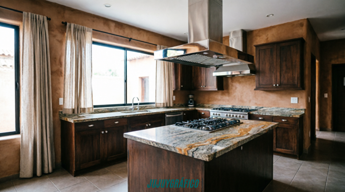 Guía completa: cómo remodelar tu cocina en Jujuy y transformar casa 1 Cocina moderna remodelada en Jujuy con campana extractora de acero inoxidable sobre isla central con encimera de granito, gabinetes de madera en tonos cálidos, paredes con acabados en tierra y luz natural entrando por ventanas laterales, mostrando distribución funcional y diseño contemporáneo. Guía completa: cómo remodelar tu cocina en Jujuy y transformar casa 1