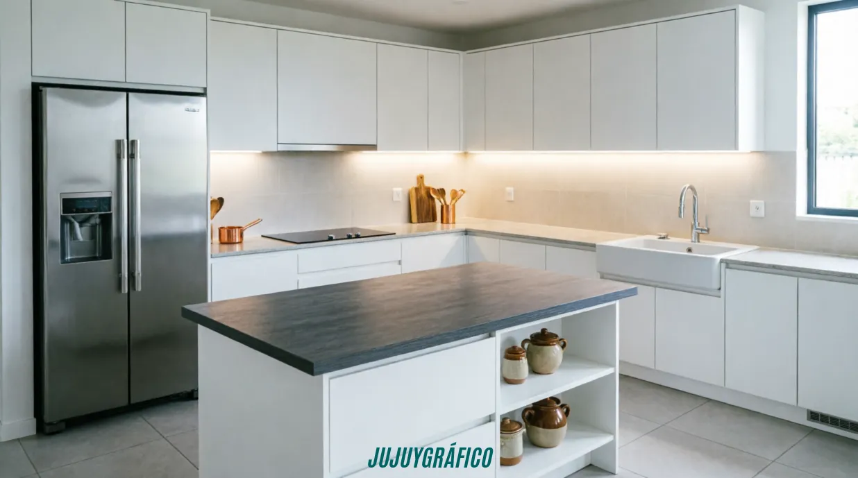 Vista panorámica de cocina remodelada con distribución eficiente del triángulo de trabajo entre refrigerador doble puerta, cooktop empotrado y fregadero farmhouse, isla central con almacenamiento, gabinetes blancos minimalistas, iluminación LED bajo gabinetes superiores y piso cerámico, representando funcionalidad y organización espacial. Guía completa: cómo remodelar tu cocina en Jujuy y transformar casa 2
