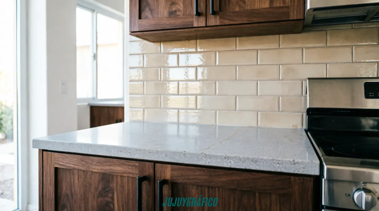 Primer plano de materiales de cocina duraderos mostrando encimera de cuarzo gris, gabinetes inferiores de madera oscura con tiradores negros, backsplash de azulejos tipo subway en tono beige brillante, electrodomésticos de acero inoxidable y ventana con luz natural, destacando calidad y resistencia de acabados para remodelación. Guía completa: cómo remodelar tu cocina en Jujuy y transformar casa 3