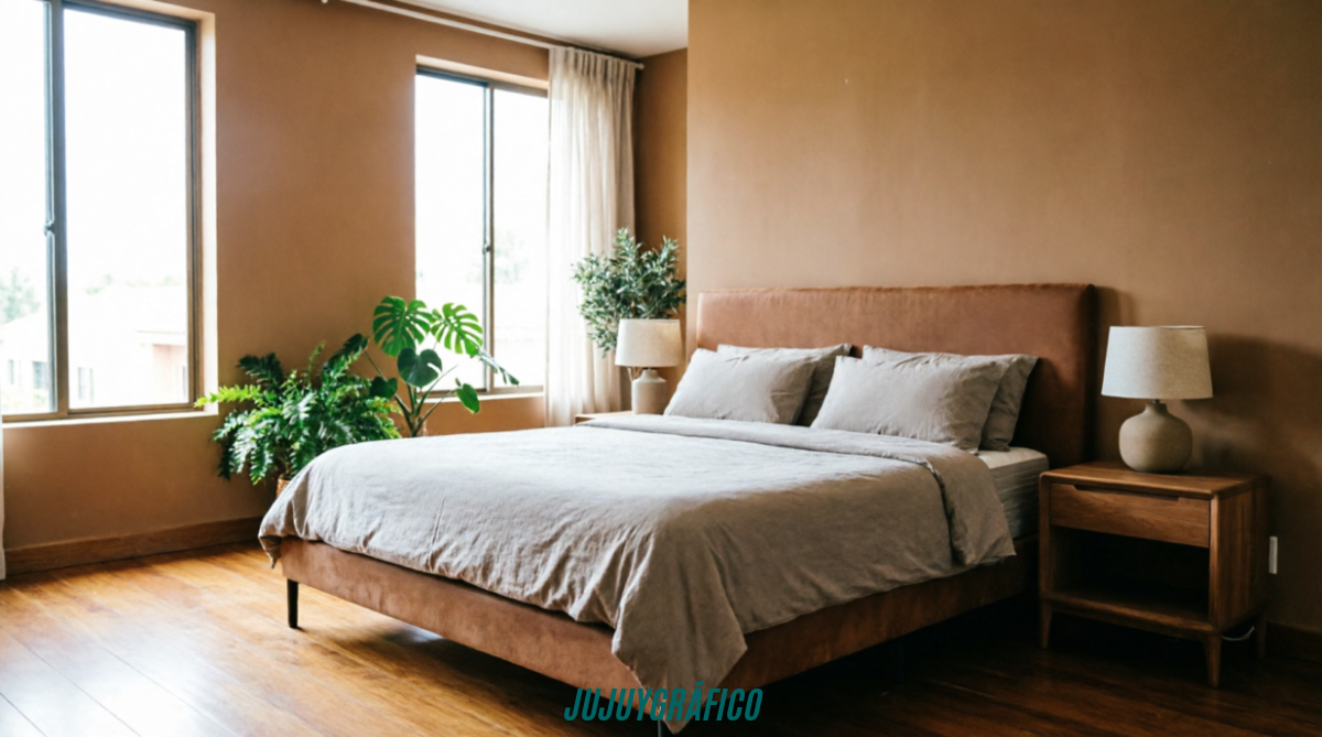 Guía para elegir colchón: calidad, comodidad y precio en Jujuy Consejos prácticos 1 Imagen 1 (Portada): Dormitorio moderno y acogedor en Jujuy con colchón de calidad en cama matrimonial con ropa de cama en tonos neutros, cabecera tapizada color tierra, mesitas de noche de madera con lámparas, luz natural entrando por ventanas, plantas decorativas, piso de madera, paredes cálidas que transmiten descanso y bienestar, representando la importancia de elegir el colchón perfecto para mejorar la calidad del sueño y el confort del hogar.