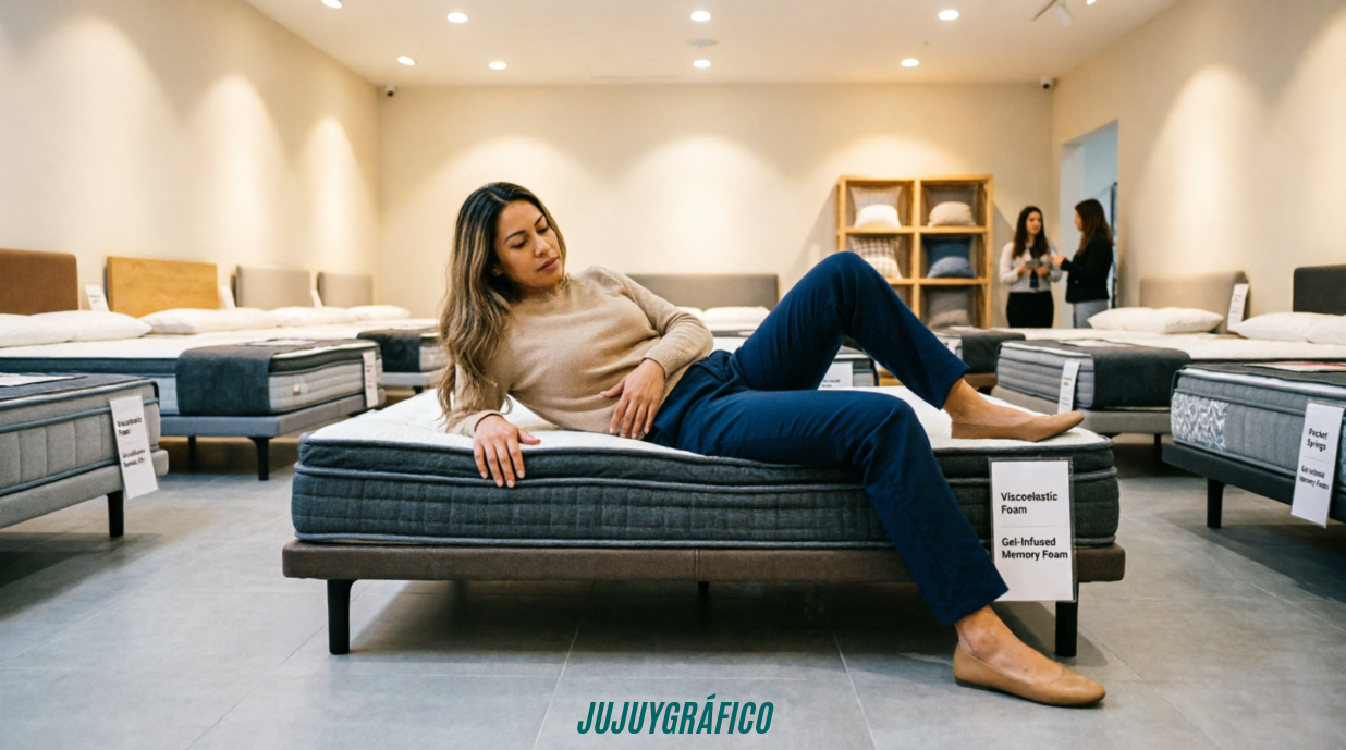 Guía para elegir colchón: calidad, comodidad y precio en Jujuy Consejos prácticos 2 Guía para elegir colchón: calidad, comodidad y precio en Jujuy Consejos prácticos 2 Imagen 2 (Secundaria 1): Mujer probando colchón de espuma viscoelástica en tienda especializada, evaluando firmeza y comodidad antes de comprar, showroom luminoso con múltiples colchones exhibidos con etiquetas de materiales visibles, representando el proceso importante de probar diferentes opciones de colchones para encontrar el que mejor se adapte a las necesidades personales de descanso y posición al dormir.