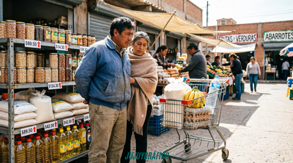 Jujuy fenomenal, primera en el ranking: la inflación más alta del país en el 1º trimestre 4 Familia jujeña realizando compras en un mercado de barrio, examinando productos básicos y etiquetas de precios en estanterías, con un carrito de compras y señales visuales sutiles de presión económica, representando el impacto cotidiano del aumento del costo de vida en Jujuy durante el primer trimestre de 2026. Jujuy, primera en el ranking, la inflación más alta del país en el primer trimestre 8