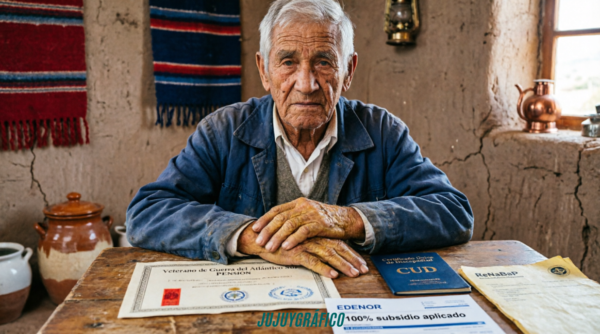 Luz y gas en Jujuy. el nuevo esquema que cambia todo y los plazos que no podés ignorar 5 Luz y gas en Jujuy. el nuevo esquema que cambia todo y los plazos que no podés ignorar 5 Retrato íntimo de veterano de guerra o titular de CUD en hogar modesto, certificados oficiales sobre mesa junto a factura con subsidio completo aplicado, iluminación digna y respetuosa.