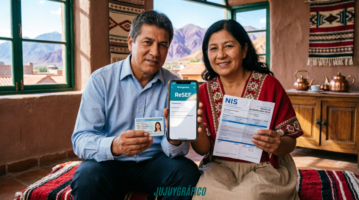 Luz y gas en Jujuy. el nuevo esquema que cambia todo y los plazos que no podés ignorar 6 Luz y gas en Jujuy. el nuevo esquema que cambia todo y los plazos que no podés ignorar 6 Familia en zona urbana de San Salvador de Jujuy verificando su estado en el ReSEF mediante la app Mi Argentina, con DNI y factura con NIS visibles, vista parcial del cerro de los Siete Colores.