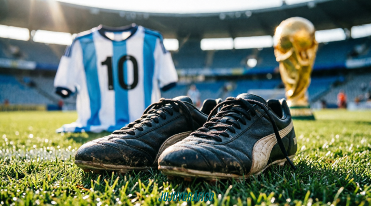 IMAGEN 1 (PORTADA): Botas de fútbol Puma negras vintage de la época del Mundial 1986 sobre césped de estadio, con camiseta de Argentina número 10 de Maradona en blanco y celeste al fondo y trofeo de la Copa del Mundo desenfocado, iluminación dramática que evoca la gloria del fútbol argentino y la leyenda de Diego Maradona con Puma. Maradona y Puma: La historia de las zapatillas que ganaron una Copa del Mundo 1