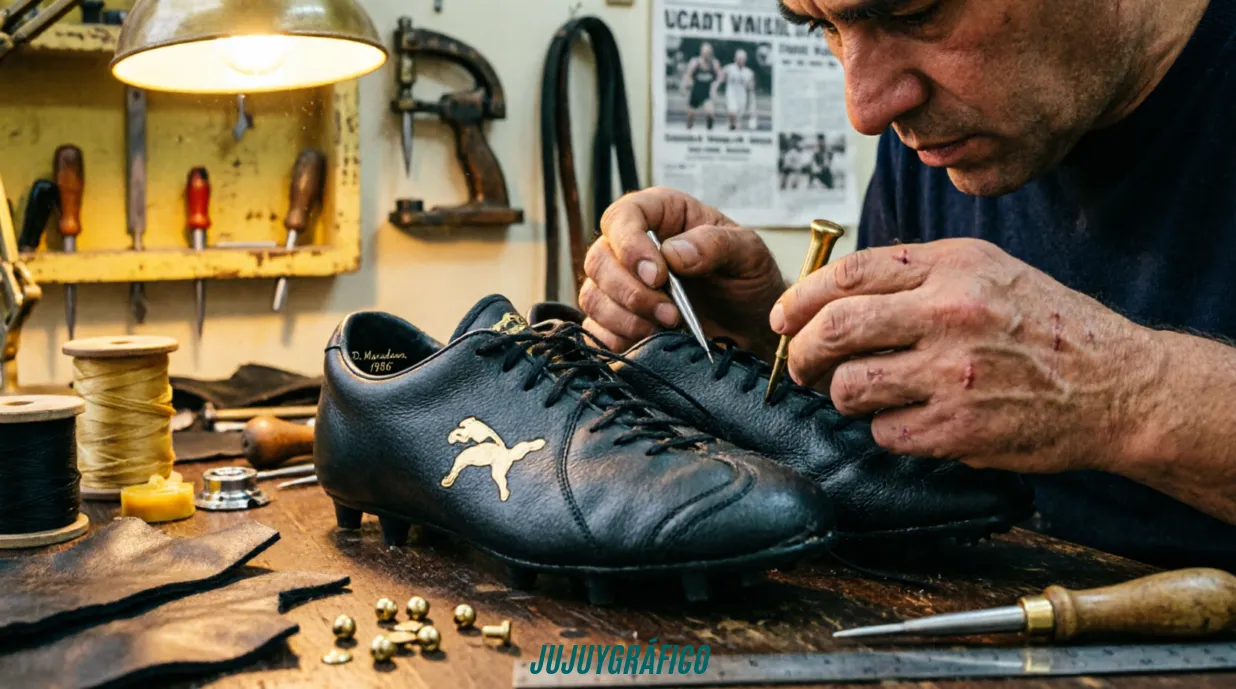 Maradona y Puma: La historia de las zapatillas que ganaron una Copa del Mundo 2 IMAGEN 2 (SECUNDARIA - ARTESANÍA): Artesano personalizando botas de fútbol Puma de cuero negro en taller tradicional con herramientas de precisión, logo dorado de Puma visible, representando la customización milimétrica que la marca realizaba para las botas de Diego Maradona, ambiente vintage de los años 80 que refleja la dedicación y perfección del calzado deportivo histórico. Maradona y Puma: La historia de las zapatillas que ganaron una Copa del Mundo 2