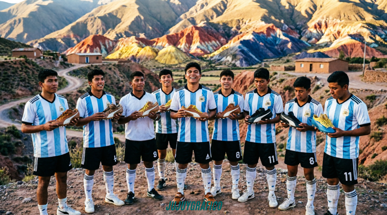 IMAGEN 3 (SECUNDARIA - LEGADO EN JUJUY): Jóvenes futbolistas argentinos con camisetas celestes y blancas de Argentina sosteniendo botas Puma clásicas en el paisaje montañoso de la Quebrada de Humahuaca en Jujuy, atardecer dorado sobre cerros multicolores, simbolizando el legado perdurable de Maradona y Puma en las nuevas generaciones del fútbol argentino provincial. Maradona y Puma: La historia de las zapatillas que ganaron una Copa del Mundo 3