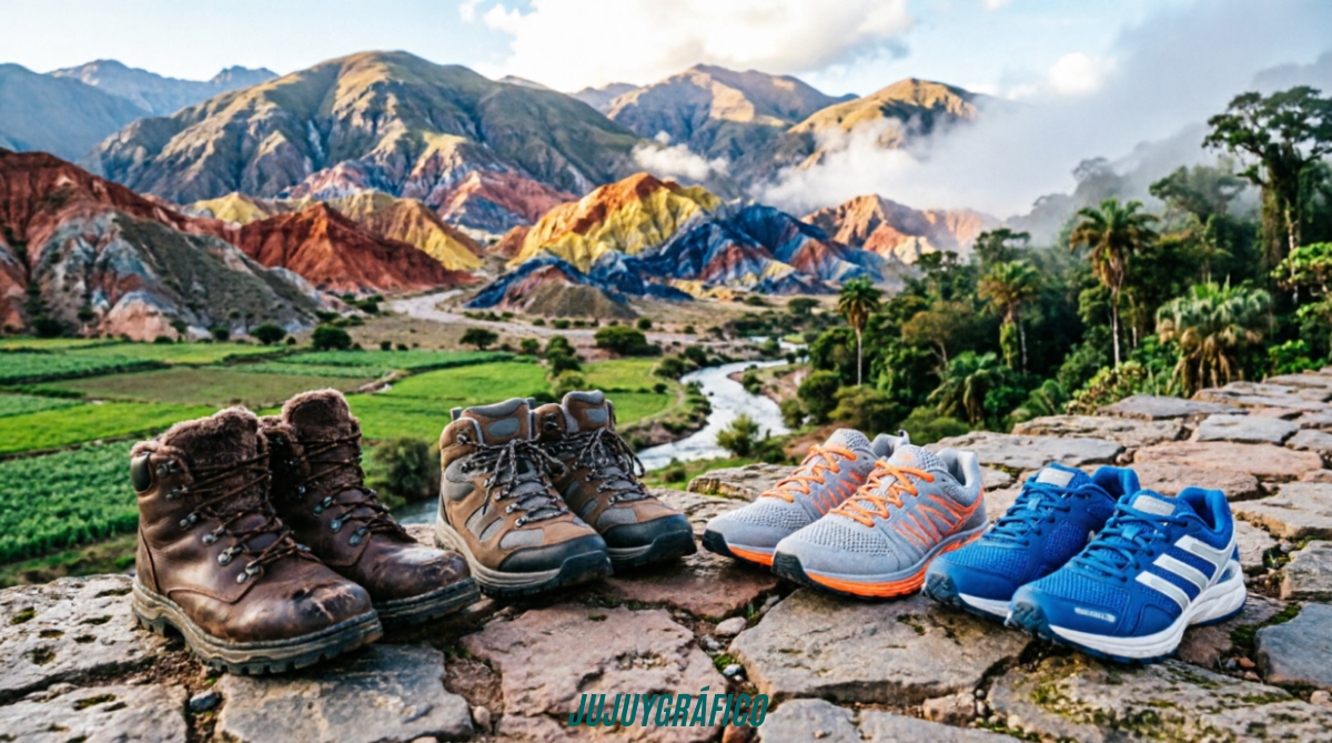 Qué calzado elegir según la región de Jujuy donde vivís o viajás 1 Composición que integra visualmente los paisajes de la Puna, la Quebrada, los Valles y las Yungas en un solo horizonte, con los cuatro tipos de calzado recomendados dispuestos sobre una senda de piedra. Ideal para captar la esencia de la diversidad jujeña y la importancia de elegir bien antes de salir.