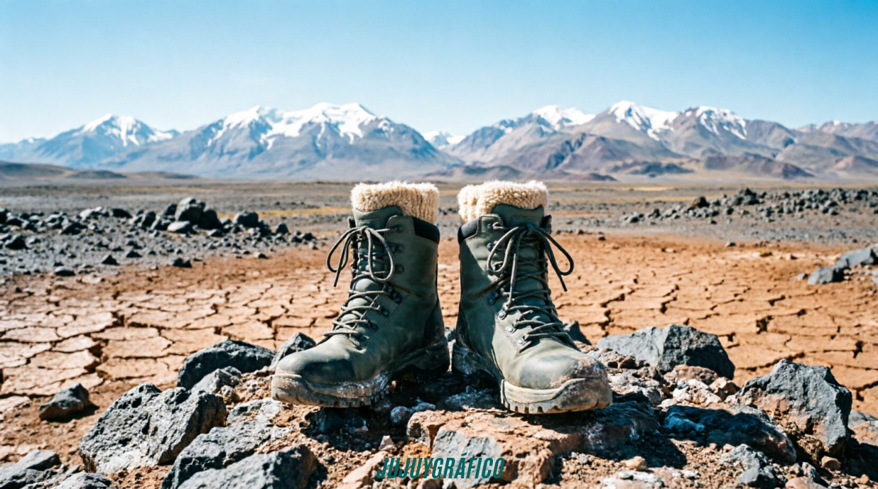 Qué calzado elegir según la región de Jujuy donde vivís o viajás 2 La Puna: Botas de trekking de caña alta con forro térmico visible y suela de tracción profunda sobre el terreno árido y pedregoso del altiplano. Refleja la necesidad de aislamiento contra el frío extremo, la amplitud térmica brutal y la estabilidad en suelos irregulares como los de Susques o las Salinas Grandes.