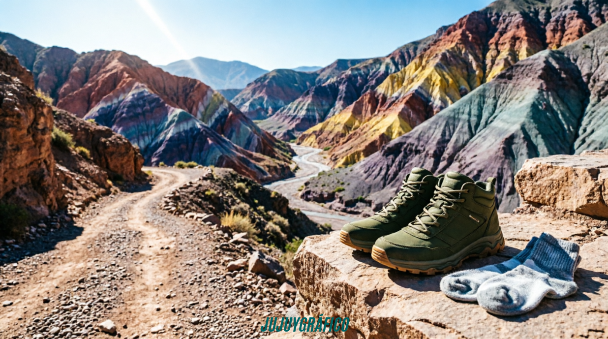 Qué calzado elegir según la región de Jujuy donde vivís o viajás 3 Quebrada de Humahuaca: Zapatillas de media caña ligeras junto a medias técnicas de lana, ubicadas en un afloramiento rocoso con los cerros multicolores y un sendero de tierra al fondo. Ilustra la versatilidad necesaria para las grandes amplitudes térmicas, la radiación solar intensa y los caminos de los pueblos serranos.