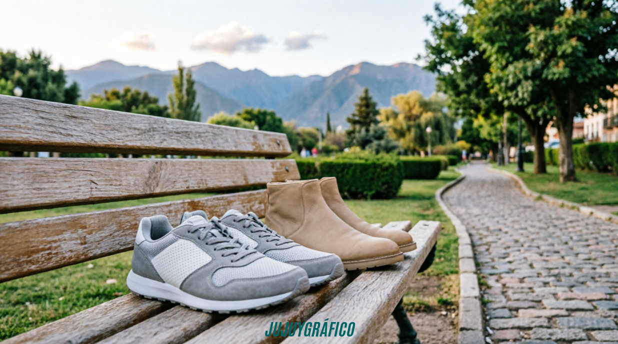 Qué calzado elegir según la región de Jujuy donde vivís o viajás 4 Los Valles Meridionales: Zapatillas urbanas con paneles transpirables y botas de cuero liviano sobre un banco de madera en un parque arbolado, con sendero empedrado y montañas suaves al fondo. Representa el clima templado, la humedad moderada y la libertad de optar por materiales respirables (mesh, cuero perforado) para el día a día en San Salvador y alrededores.