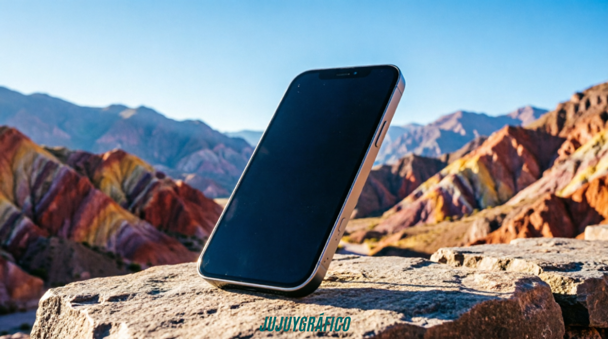 Smartphones Apple: La revolución de los iPhone llega con fuerza a Jujuy 2 Smartphones Apple, La revolución de los iPhone llega con fuerza a Jujuy 1 iPhone en Jujuy sobre roca con las montañas coloridas de la Quebrada y Hornocal de fondo - Smartphones Apple Argentina